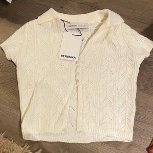Bershka Cream Knit Button-Up Top